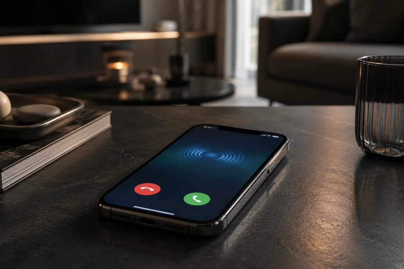 Smartphone showing an incoming call on a dark table in a living room